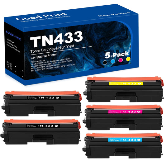 High Yield 6,700 Pages TN433 Toner Cartridge Replacement for Brother HL-L8260CDW HL-L8360CDW HL-L8360CDWT MFC-L8610CDW 5Pack (2Black,1Cyan,1Magenta,1Yellow) Printer