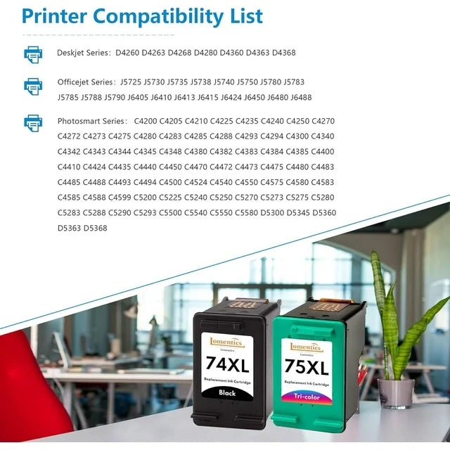 74XL 75XL Ink Cartridges (2 Pack,Bk/Tri-Color) - Replacement for HP 74 75 Ink Cartridge for D4260 D4263 D4268 J5725 J5730 J5735