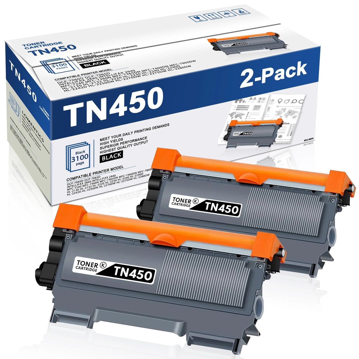 TN450 Toner Cartridge High Yield Replacement for Brother TN-450 TN-420 DCP-7060D HL-2220 (2 Black)